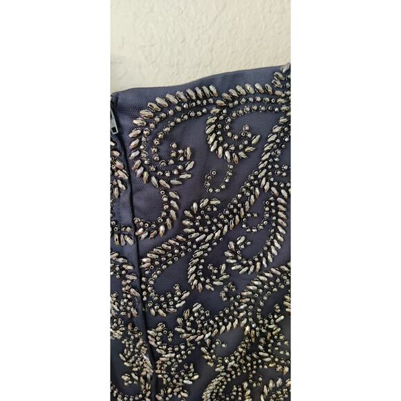 New La Femme Elegant Embellished Gown 12 Satin Navy Sweetheart Neck Short Sleeve - Picture 9 of 11